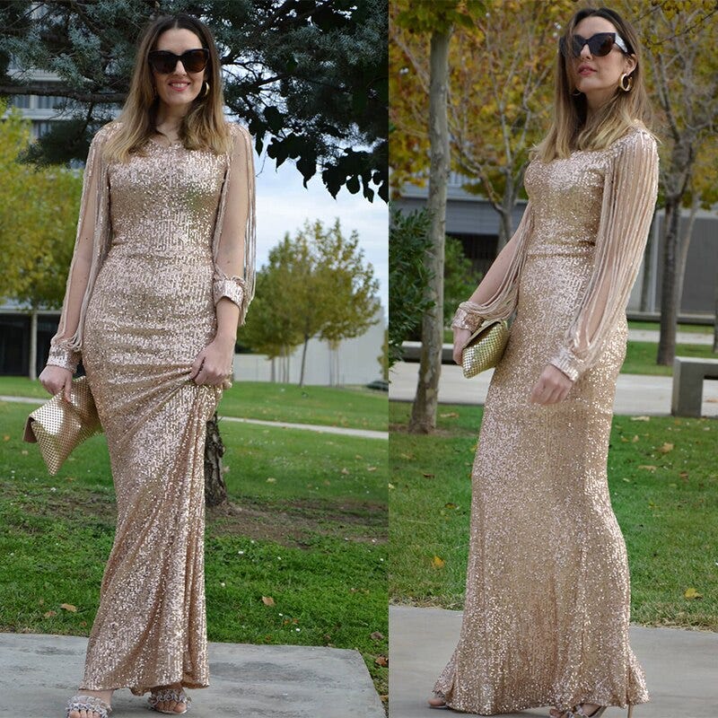 tassel sleeve sequin maxi evening dress