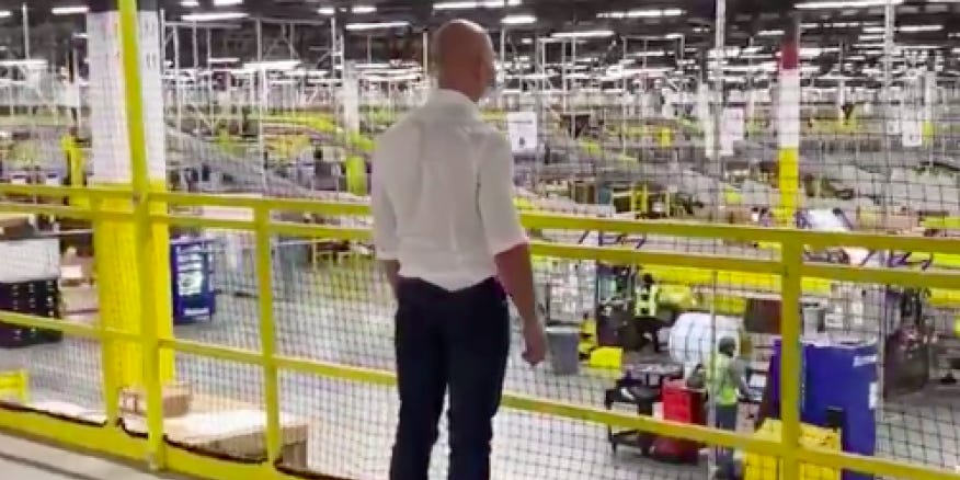 Amazon CEO Jeff Bezos looks on during a surprise to a Dallas warehouse in April 2020. Photo courtesy of Amazon Amazon CEO Jeff Bezos looks on during a surprise to a Dallas warehouse in April 2020. Photo courtesy of Amazon