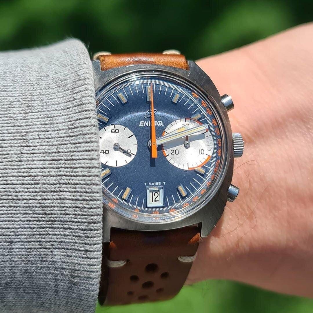 Blue Big Eye with brushed case finish. Photo courtesy of @enicar_forums . Blue Big Eye with brushed case finish. Photo courtesy of @enicar_forums .