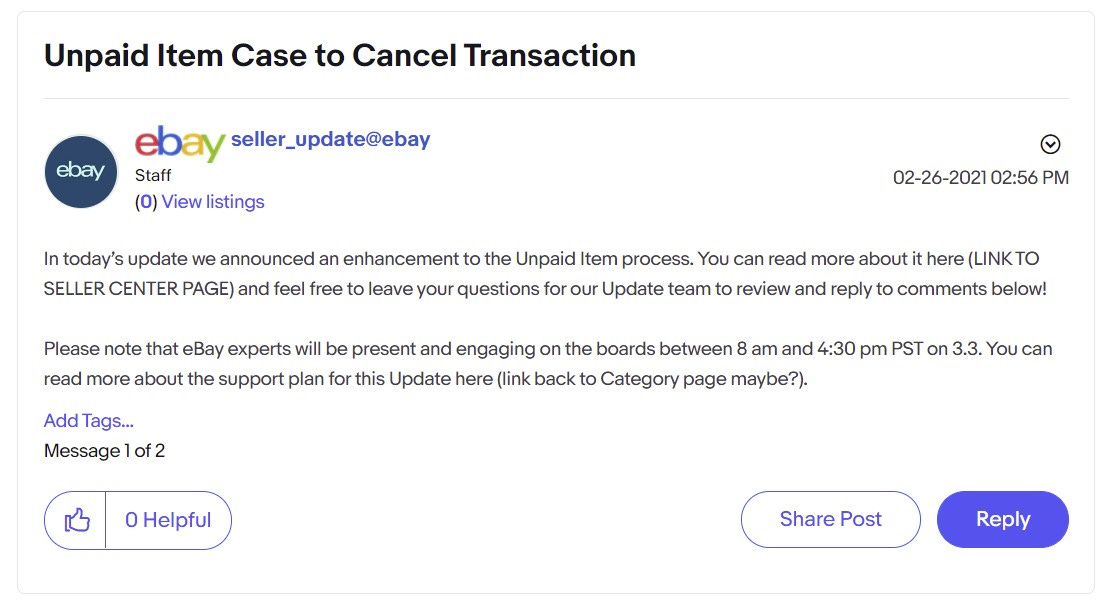 eBay Spring Seller Update Unpaid Item