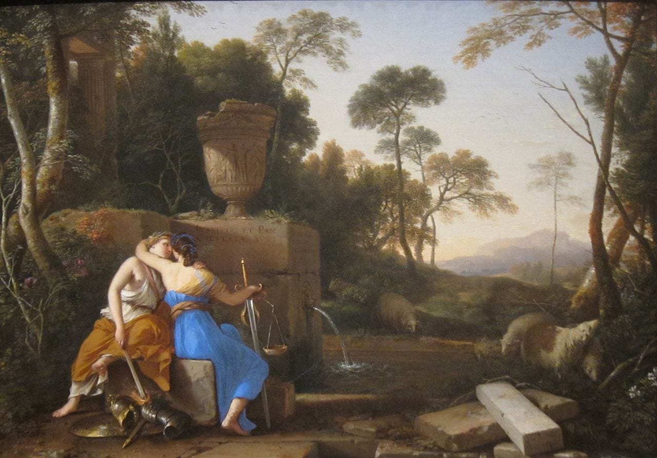 Allegorical painting of Peace kissing Justice by Laurent de La Hyre, 1654 Allegorical painting of Peace kissing Justice by Laurent de La Hyre, 1654