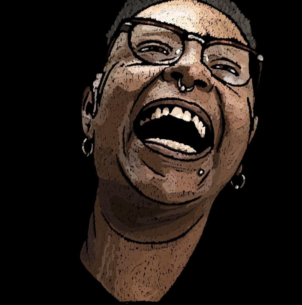 An illustration of Crystal Mason by Jason Wyman with a large smile on their face and wearing glasses with multiple piercings. 