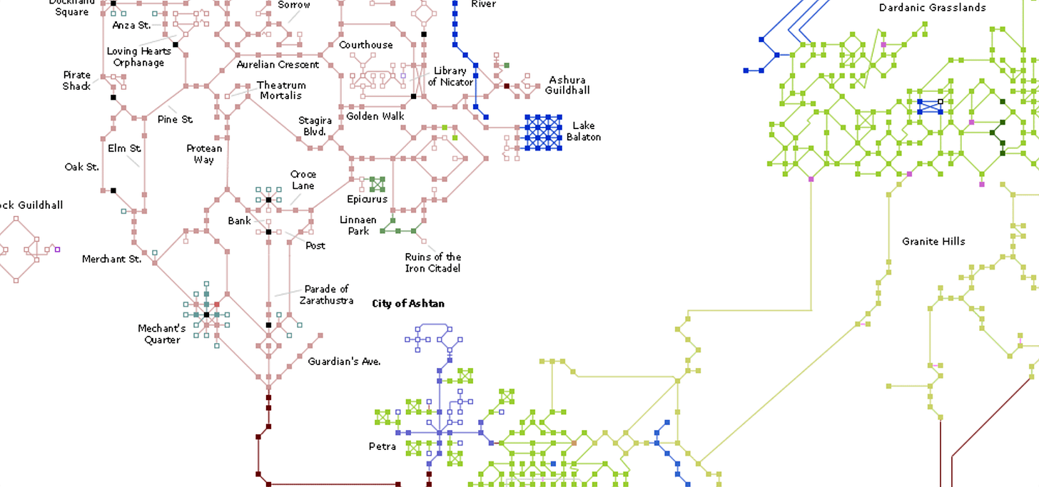 Portion of a map of Achaea showing several hundred interconnected boxes for rooms, part of the city of Ashtan and the neighboring wilderness. Portion of a map of Achaea showing several hundred interconnected boxes for rooms, part of the city of Ashtan and the neighboring wilderness.