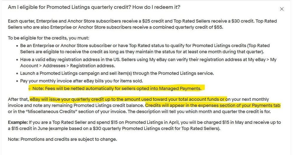 eBay Promoted Listings Quarterly Credit Changes