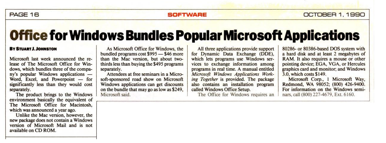 Headling from October 1, 1990 "Office for Windows Bundles Popular Microsoft Applications" Headling from October 1, 1990 "Office for Windows Bundles Popular Microsoft Applications"