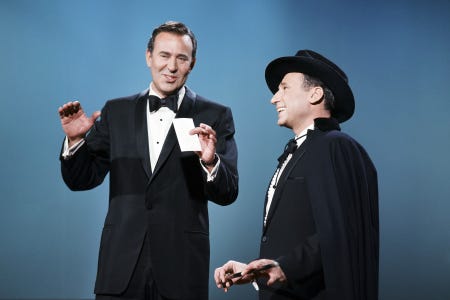 THE ANDY WILLIAMS SHOW -- Episode 11/27/1966 -- Pictured: (l-r) Carl Reiner, Mel Brooks performing their "2000 Year Old Man" skit -- Photo by: Gerald Smith/NBCU Photo Bank
