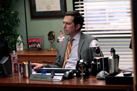 THE OFFICE -- "Jury Duty" Episode 813 -- Pictured: Ed Helms as Andy Bernard (Photo by Chris Haston/NBCU Photo Bank/NBCUniversal via Getty Images via Getty Images)