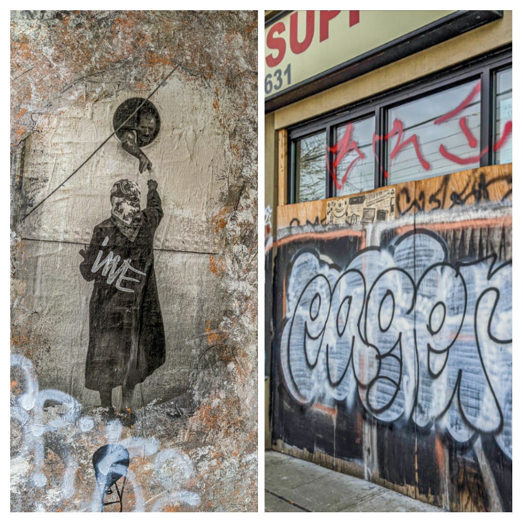 The street art on the right shows a woman reaching up to a man who appears to be reaching through a hole in the wall. The right photo shotos various graffiti on a wall including the word 