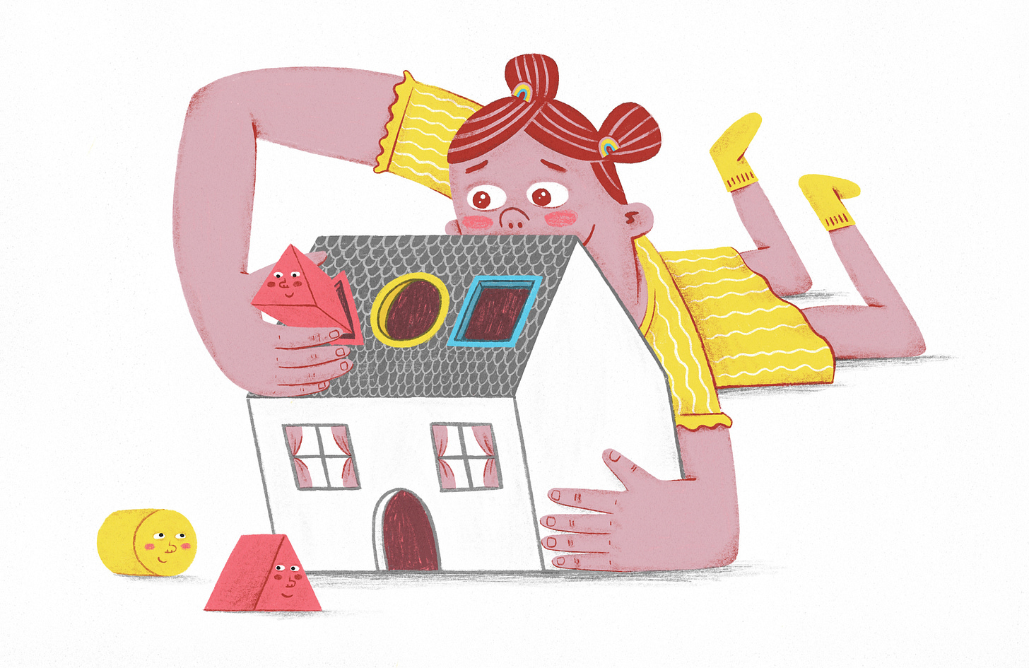 A young girl plays with a toy house, trying to fit shapes inside it. Two pink triangle shapes are in the picture, one in her hand, and one on the floor. A young girl plays with a toy house, trying to fit shapes inside it. Two pink triangle shapes are in the picture, one in her hand, and one on the floor.