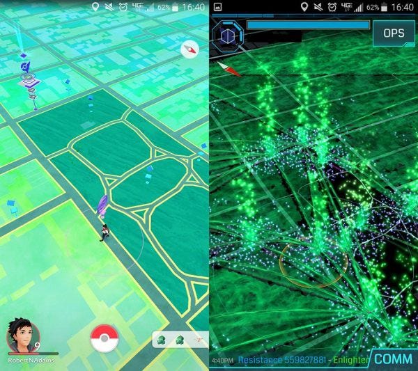 透過相同位置比較兩個遊戲,可以注意到《Ingress》的 Portal 並沒有完全反映在《Pokemon Go》上。