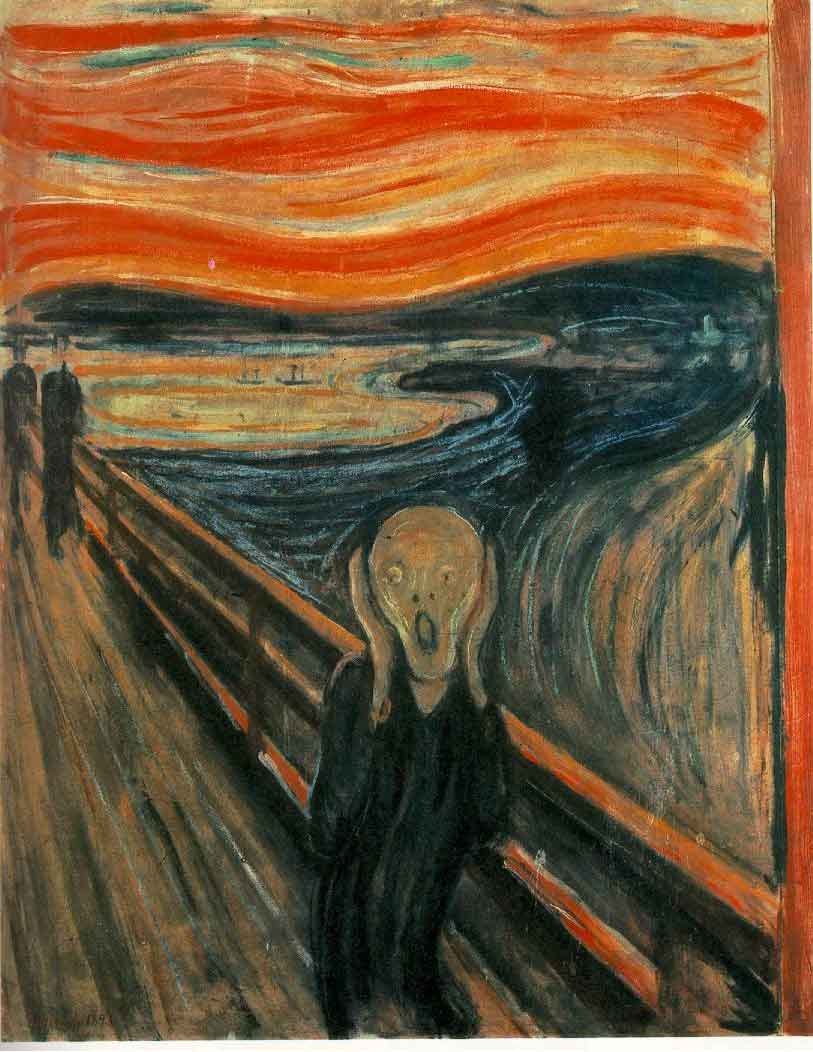 A mysterious figure clasps its pale face, screaming in anguish. It stands alone in the dock, its eyes and mouth wide open in horror. Two people can be glimpsed in the distance, oblivious to the figure’s distress. In the background, the setting sun’s light turns the clouds into an intense orange. Below a deep blue sea intermingles with the sunset. A mysterious figure clasps its pale face, screaming in anguish. It stands alone in the dock, its eyes and mouth wide open in horror. Two people can be glimpsed in the distance, oblivious to the figure’s distress. In the background, the setting sun’s light turns the clouds into an intense orange. Below a deep blue sea intermingles with the sunset.