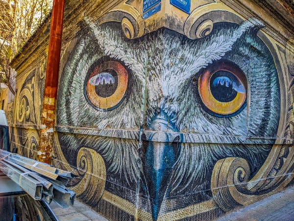 A mural of an owl's face painted on two sides of a building standing on a street corner.