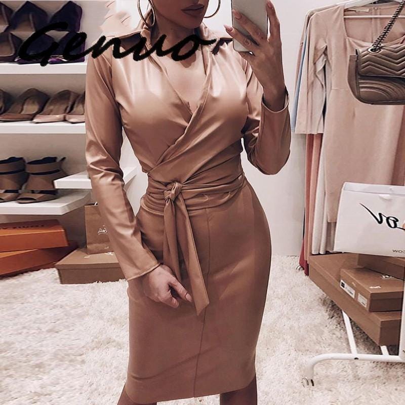long sleeve red leather dress