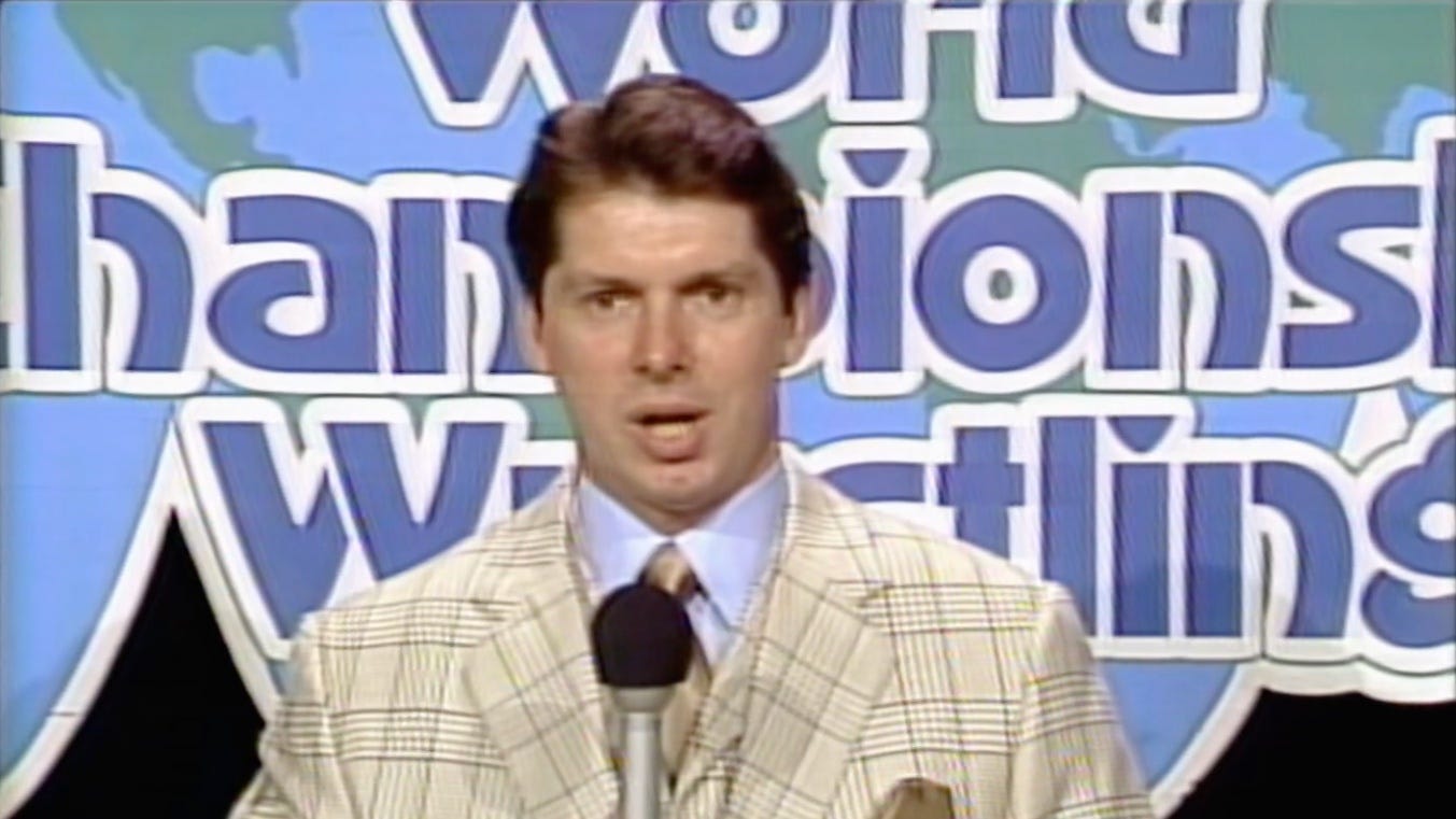 Vince McMahon hosts the infamous “Black Saturday” edition of World Championship Wrestling on Superstation WTBS that aired on July 14, 1984. (Image source: WWE Network screenshot.) Vince McMahon hosts the infamous “Black Saturday” edition of World Championship Wrestling on Superstation WTBS that aired on July 14, 1984. (Image source: WWE Network screenshot.)
