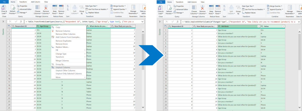Using Power Query to unpivot data from columns to rows
