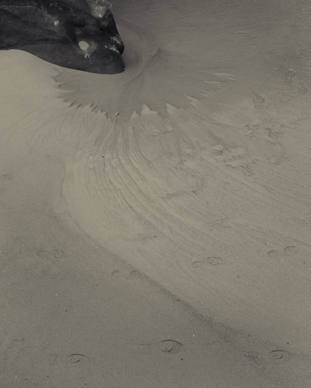 A photograph of footprints in the sand