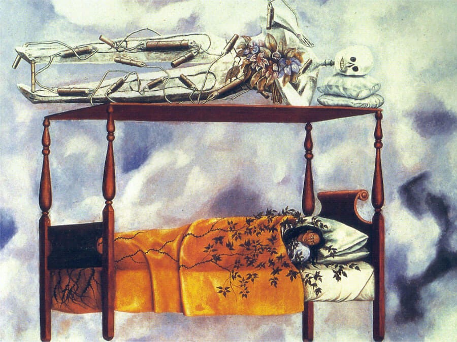 A skeleton lies holding flowers on top of a four-poster bed that Frieda Kahlo lies in surrounded by foliage. They float in the sky, anchored to nothing. 