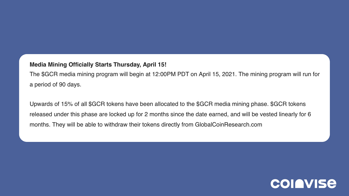 GlobalCoinResearch’s contributors can earn $GCR that are subject to vesting