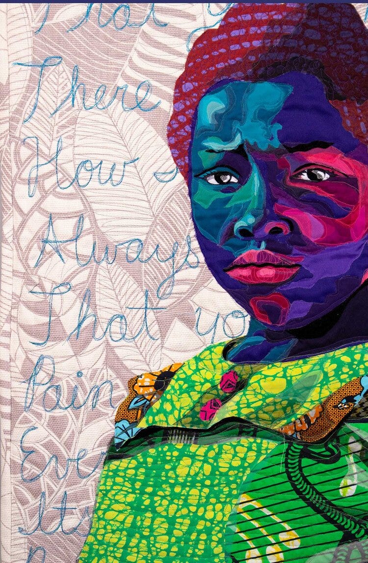Dear Mama (detail) quilted and appliquéd cotton, wool and chiffon 53 x 78 x 1 in | 134.6 x 198.1 x 2.5 cm 2019. Claire Oliver Gallery. Dear Mama (detail) quilted and appliquéd cotton, wool and chiffon 53 x 78 x 1 in | 134.6 x 198.1 x 2.5 cm 2019. Claire Oliver Gallery.