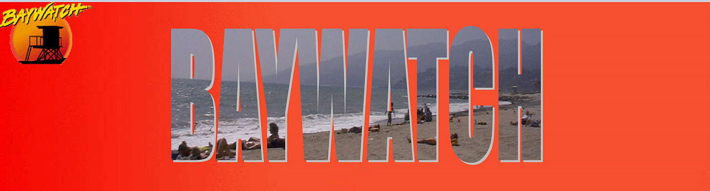 Baywatch logo -- text of Baywatch with an image of the ocean and beach filling in the letters. Baywatch logo -- text of Baywatch with an image of the ocean and beach filling in the letters.