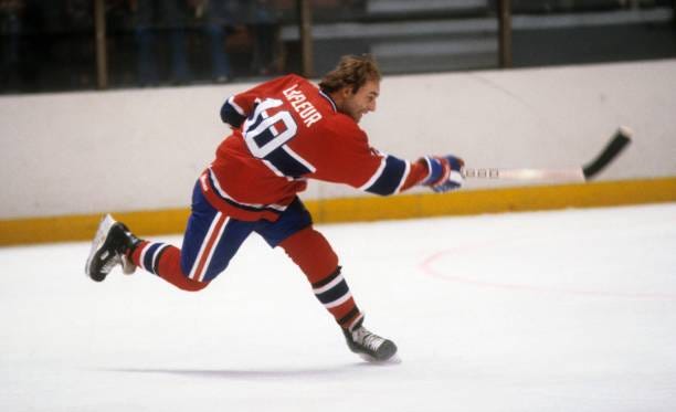 Guy Lafleur of the Montreal Canadiens takes a slap shot during an NHL game circa 1976.
