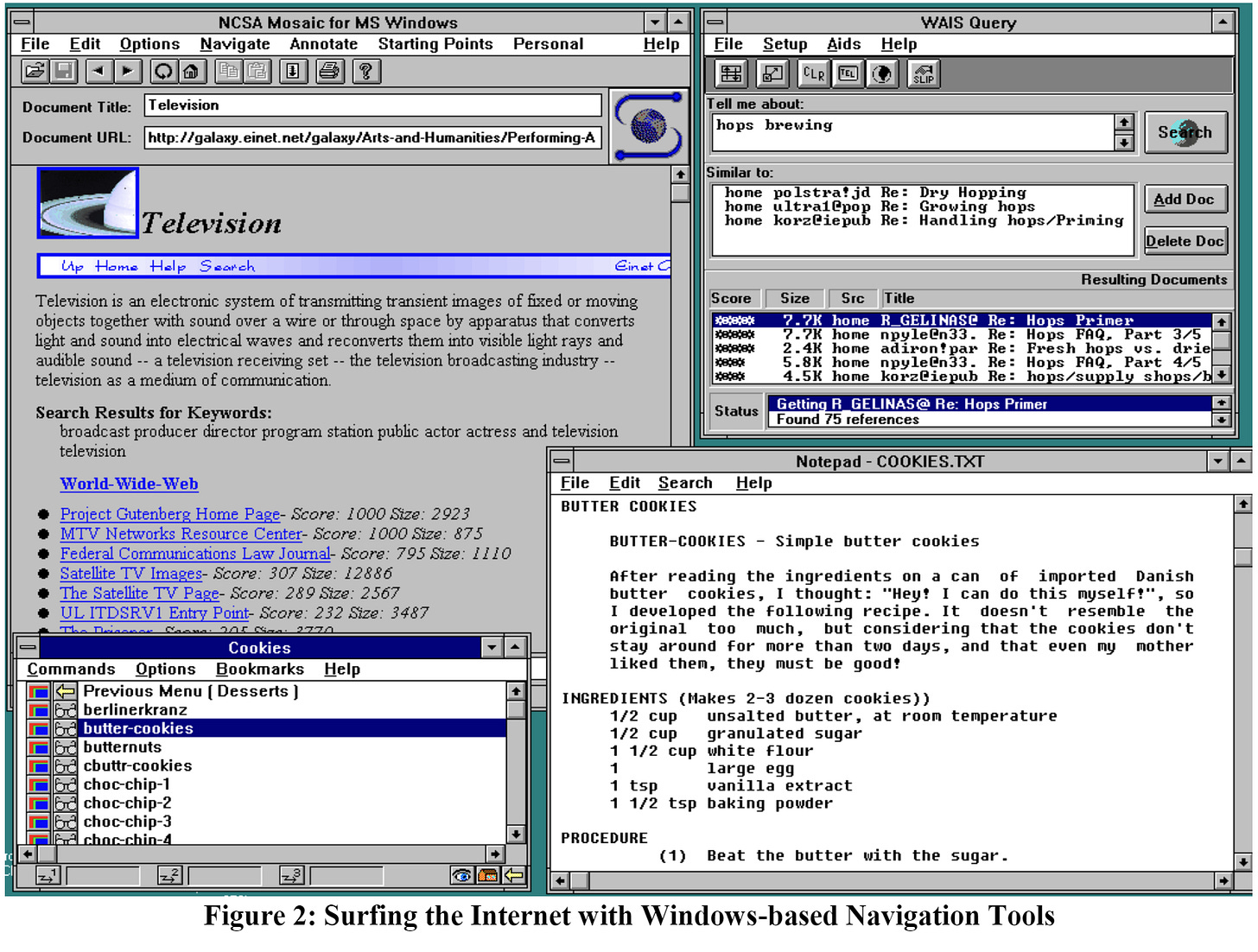 Several collected screenshots of "Internet Navigation Tools" including NCSA Mosaic, Gopher, WAIS Several collected screenshots of "Internet Navigation Tools" including NCSA Mosaic, Gopher, WAIS