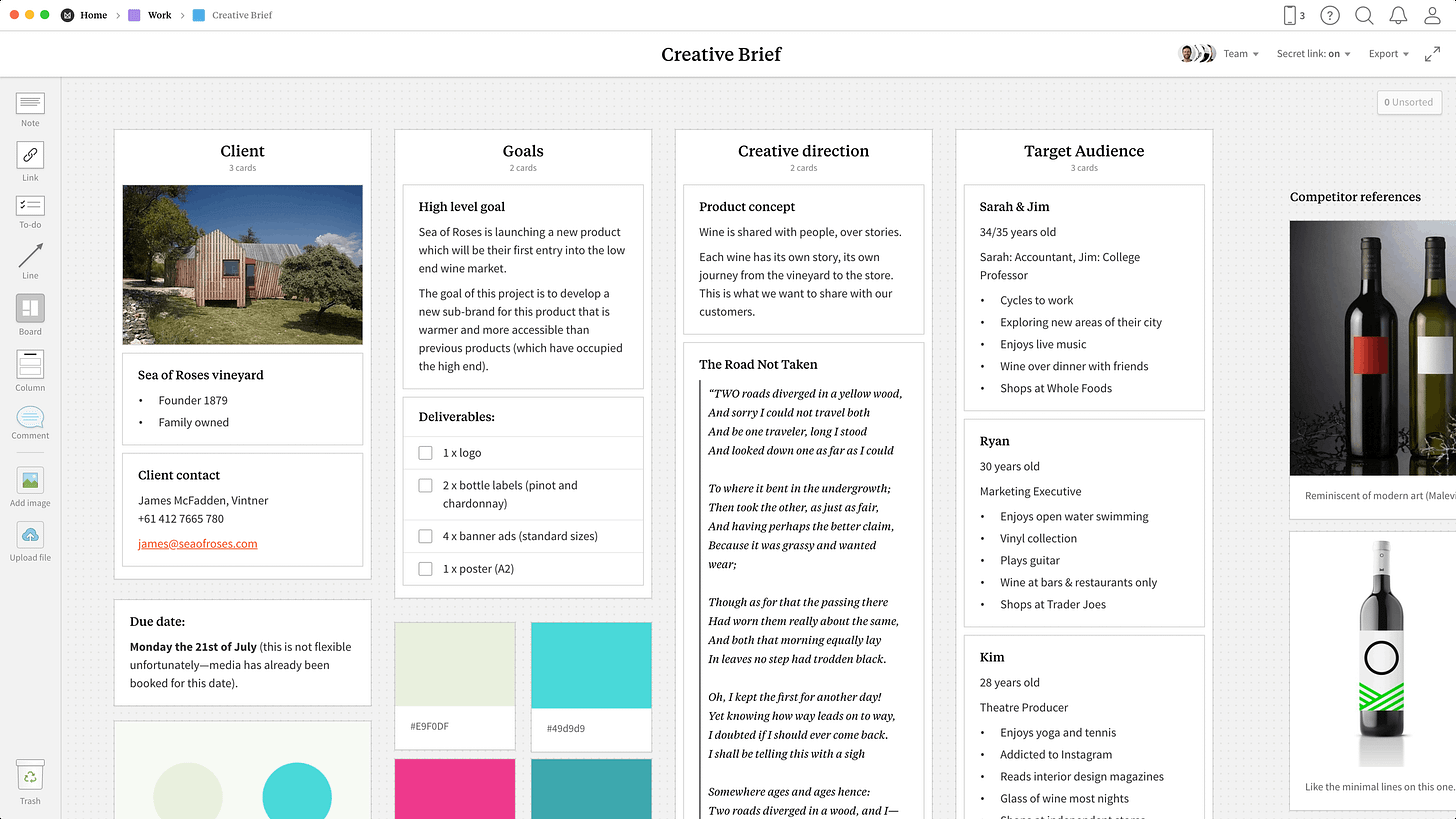 Creative Brief Template, within the Milanote app Creative Brief Template, within the Milanote app