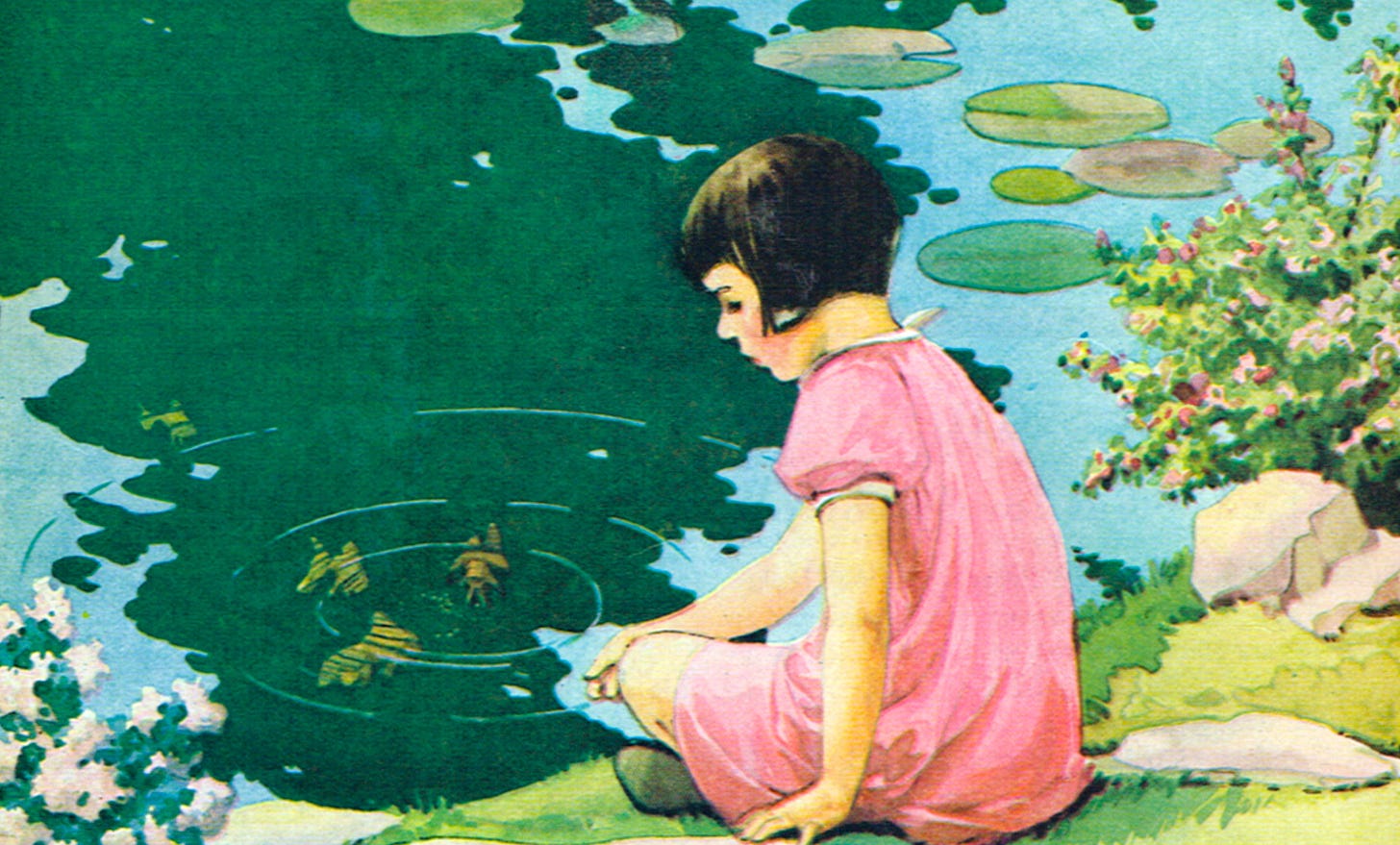 An illustration of a little girl sitting by a placid, calm pond. Original art by Miriam Story Hurford. An illustration of a little girl sitting by a placid, calm pond. Original art by Miriam Story Hurford.