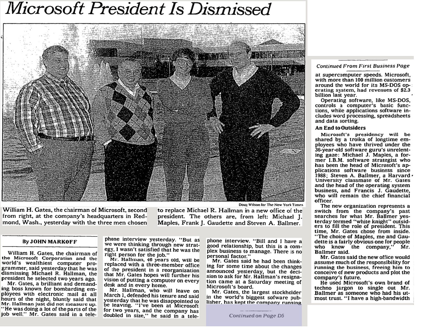 Microsoft President is Dismissed, headline from NY Times in 1992.