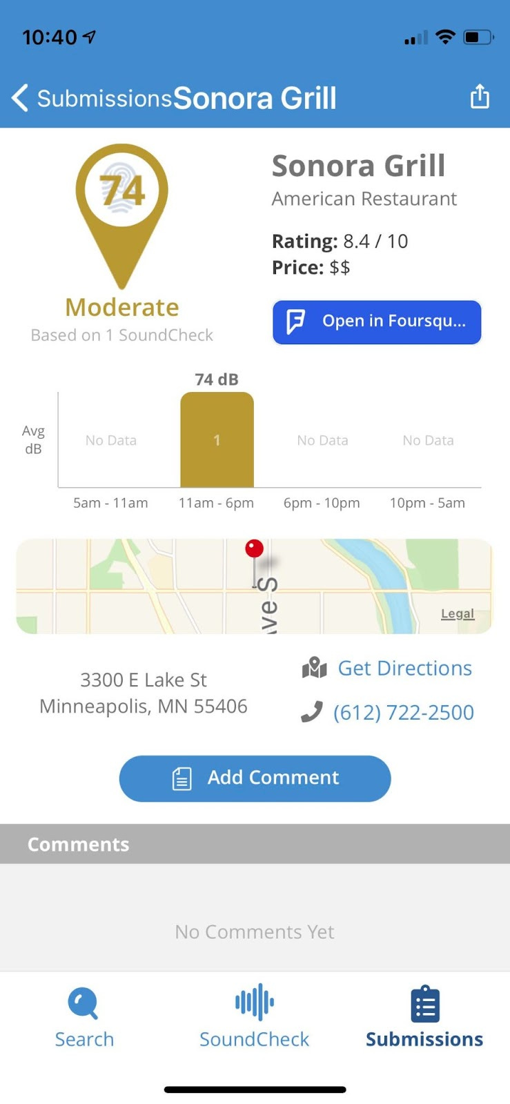 A map is now in the app screen with a red pin in the location of the restaurant chosen. The address and phone are listed of the establishment. There is also an option to add a comment. There is also a gold pin in the top left that states the average noise level.