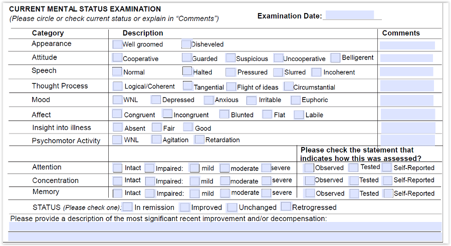 A screencapture of a mental health status checklist