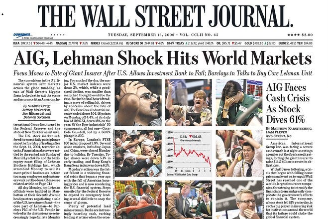 Lehman&amp;#39;s Collapse, on the Front Page - WSJ