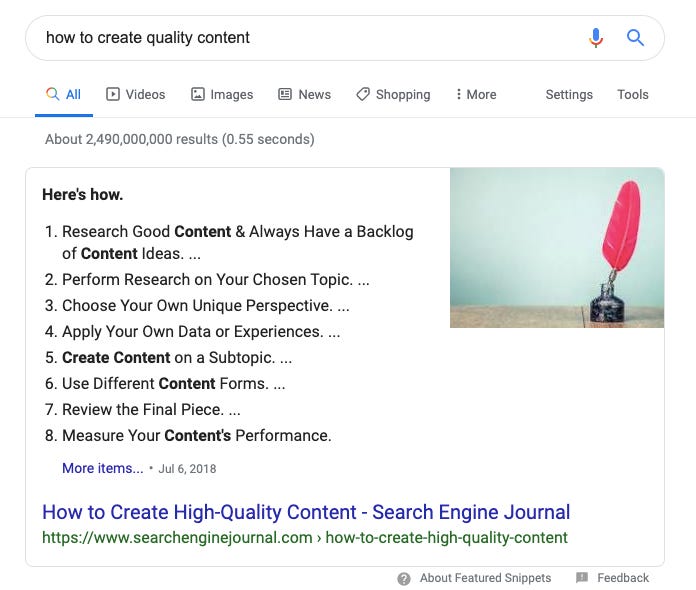 A Google featured snippet for "How to create high-quality content."