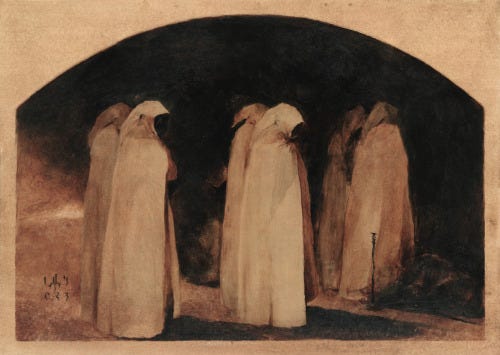 Study for Hypocrites (illustration for Divine Comedy by Dante Alighieri/Inferno, Canto 23), after Francisco Goya after John Flaxman, 2015
Acrylics on paper, 29.5 x 41.7 cm
“Là giù trovammo una gente dipinta
che giva intorno assai con lenti...