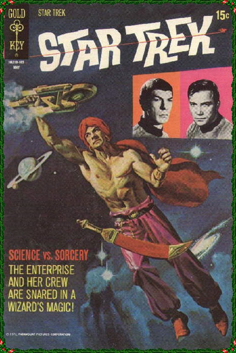 A massive figure, shirtless and wearing a turban with a curved saber on his belt, despite how he is floating in space, grabs the Enterprise in one hand on the cover of Star Trek #10, Gold Key (1971).