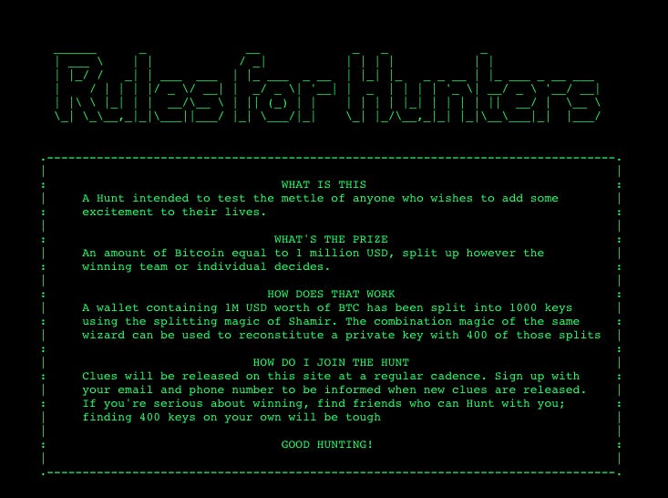 Rules for a global treasure hunt for Bitcoin.