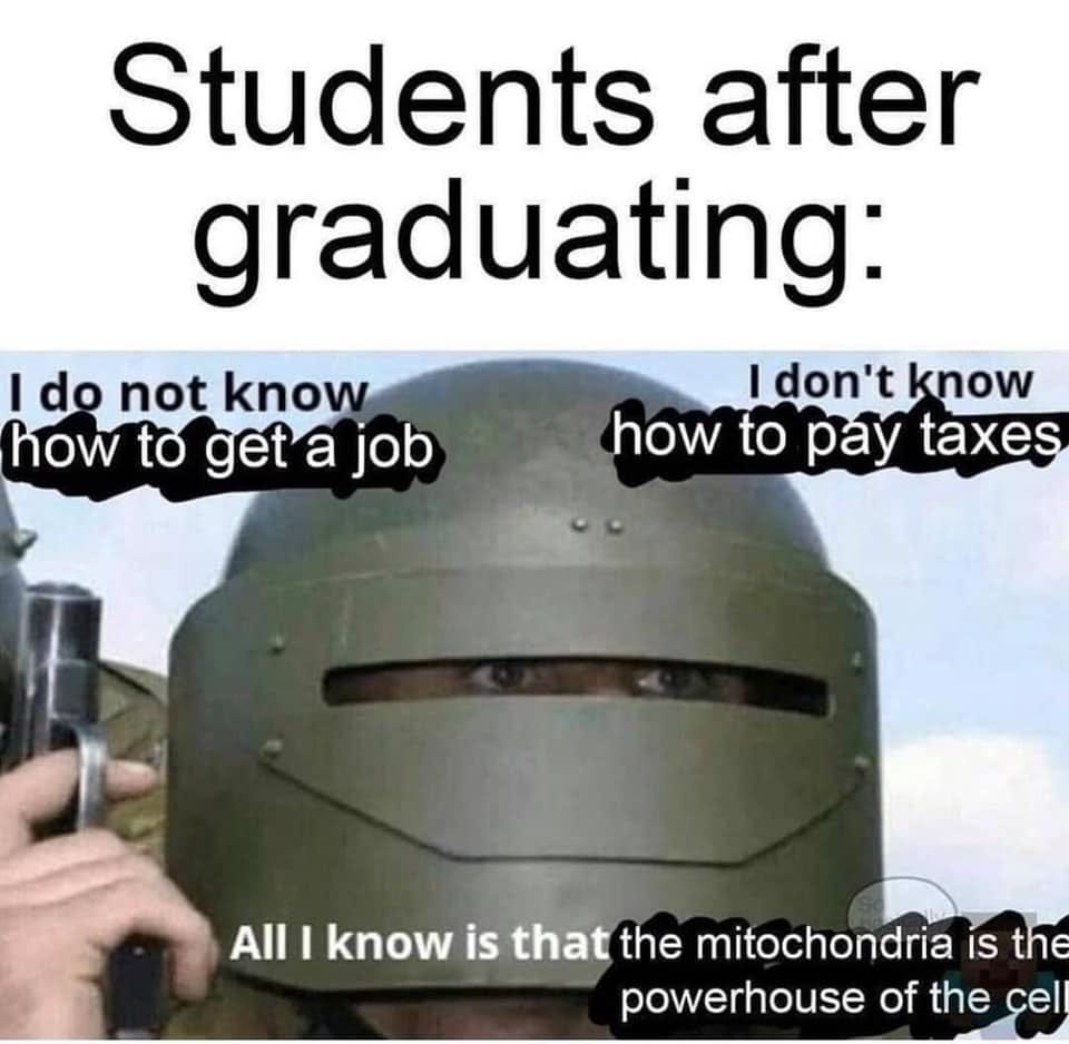 May be a meme of text that says 'Students after graduating: do not know don't know how to geta job how to pay taxes All I know is that the mitochondria IS the powerhouse of the cell'