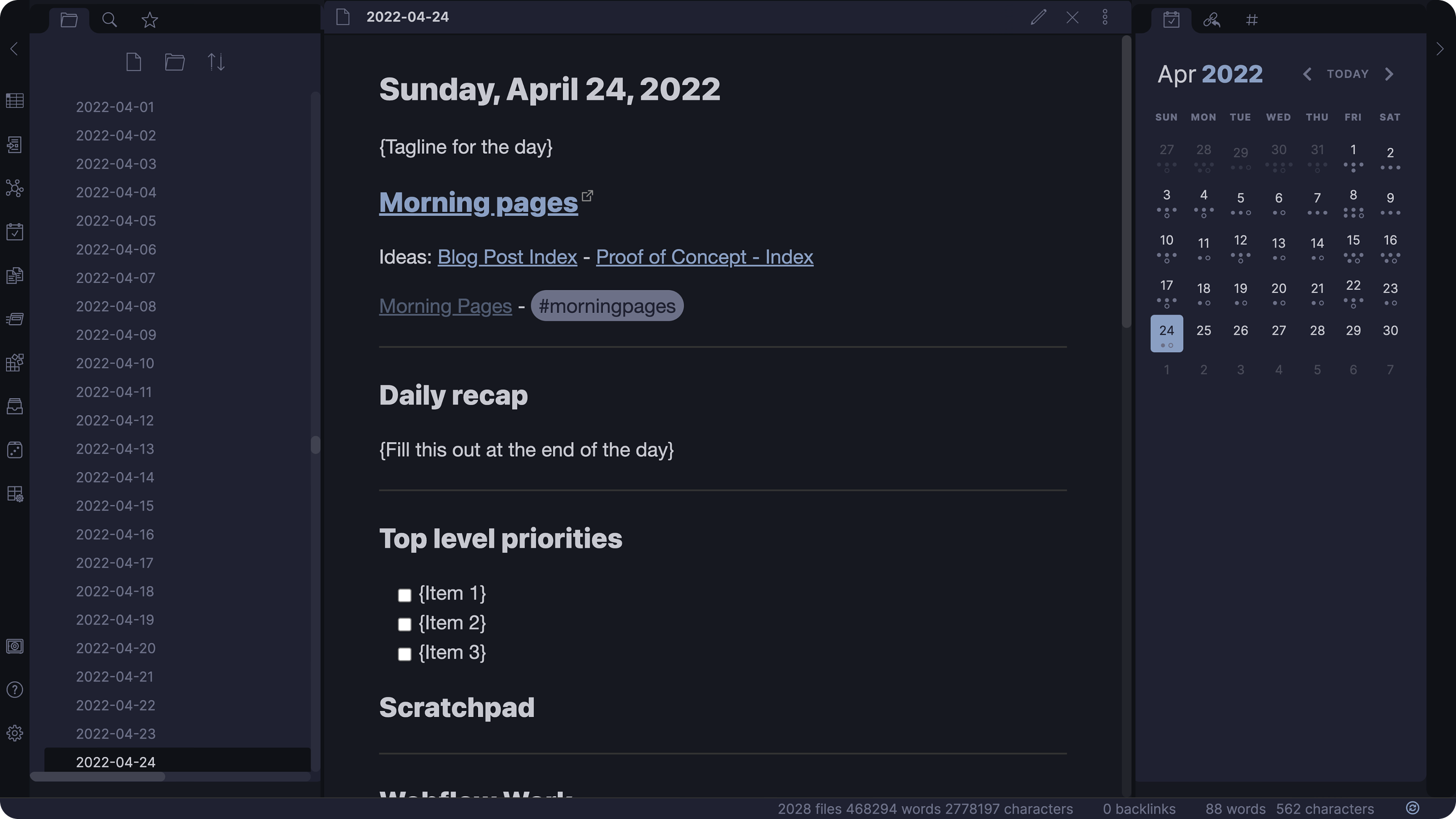 Screenshot of obsidian and daily notes
