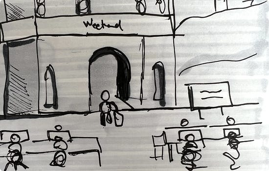Drawing of person walking through a Roman Arch that signifies the weekend