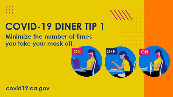 Orange and yellow graphic showing someone dining at a restaurant with the text: COVID-19 Diner tip 1: Minimize the number of times you take your mask off.

Depiction of someone reading a menu with their mask on. The word "on" is stamped over the image.

Depiction of someone eating while at a restaurant, not wearing a mask. The word "off" is stamped over the image. 

Depiction of someone sitting at a table in a restaurant wearing a mask. The word "on" is stamped over the image.
