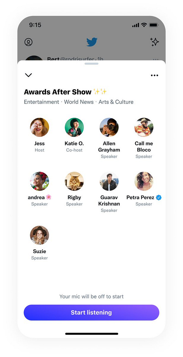 Image shows the preview screen before entering the “Awards After Show” Space. Under the title, there are new Topics tags: “Entertainment” “World News” and “Arts & Culture.”
