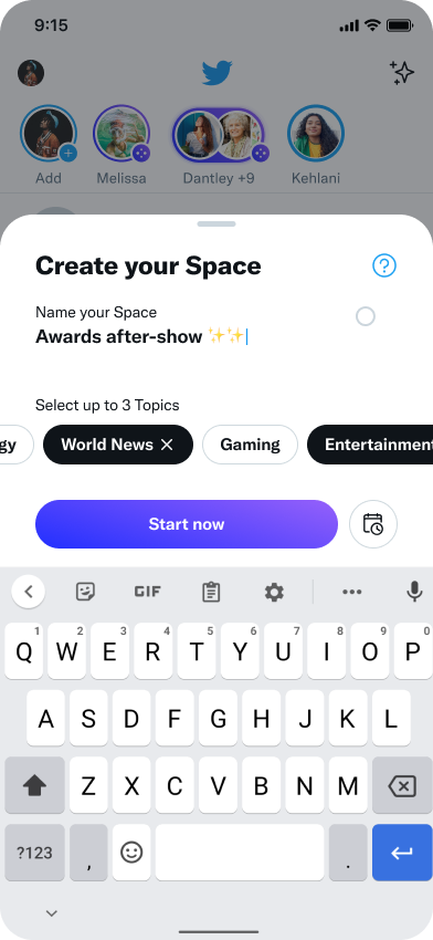 The Space composer is open on an Android phone and is titled “Awards After Show.” There is a new section that prompts the composer to “Select up to 3 Topics.” Topics include Entertainment, Gaming, World News and more.
