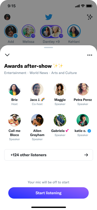  Image shows the Space preview screen before entering the “Awards After Show.” Under the title, there are new Topics tags: “Entertainment” “World News” and “Arts & Culture.”