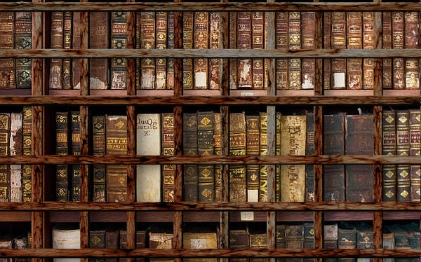 A shelf of thick scientific tomes, protected by a gridwork of foreboding, rusting bars.