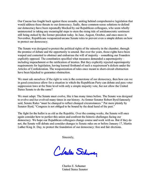 Page 2 of the letter from Majority Leader Chuck Schumer to the Senate Democratic Caucus outlining the next steps in the Senate on voting rights legislation, January 3, 2022.