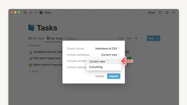 This is a Notion task database that is being exported. The export menu has multiple options, such as the format (set to Markdown and CSV) and which databases to include. In this menu, there is a red arrow pointing to the option that allows the user to export just the current view.