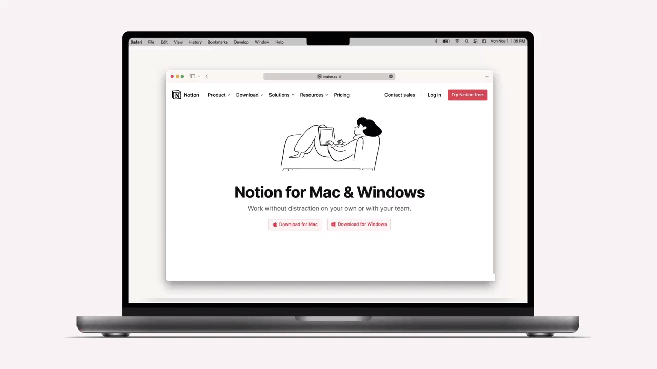 This is a GIF of a Macbook Pro, which displays a Safari window of Notion's desktop app download page. It zooms in, the user clicks on a button saying "Download for Mac" and then "For Macs with Apple M1."