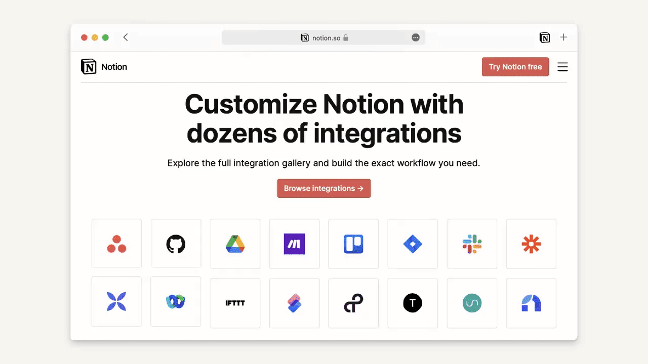 This is a GIF cycling through four pages of the Notion integration gallery. The first page is a landing page that says “Customize Notion with dozens of integrations” with app icons underneath in a grid layout. The next three pages show individual apps: GitHub, Zapier, and Typeform.